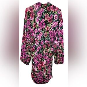 AQUA Floral Ruched Mini Dress Black Pink Roses Long Sleeve Mock Neck XLarge
